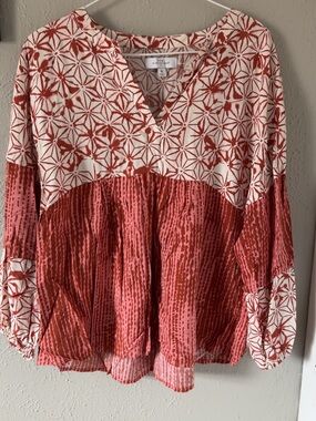 New  Directions Coral and Cream Patterned Split-Neck Tunic